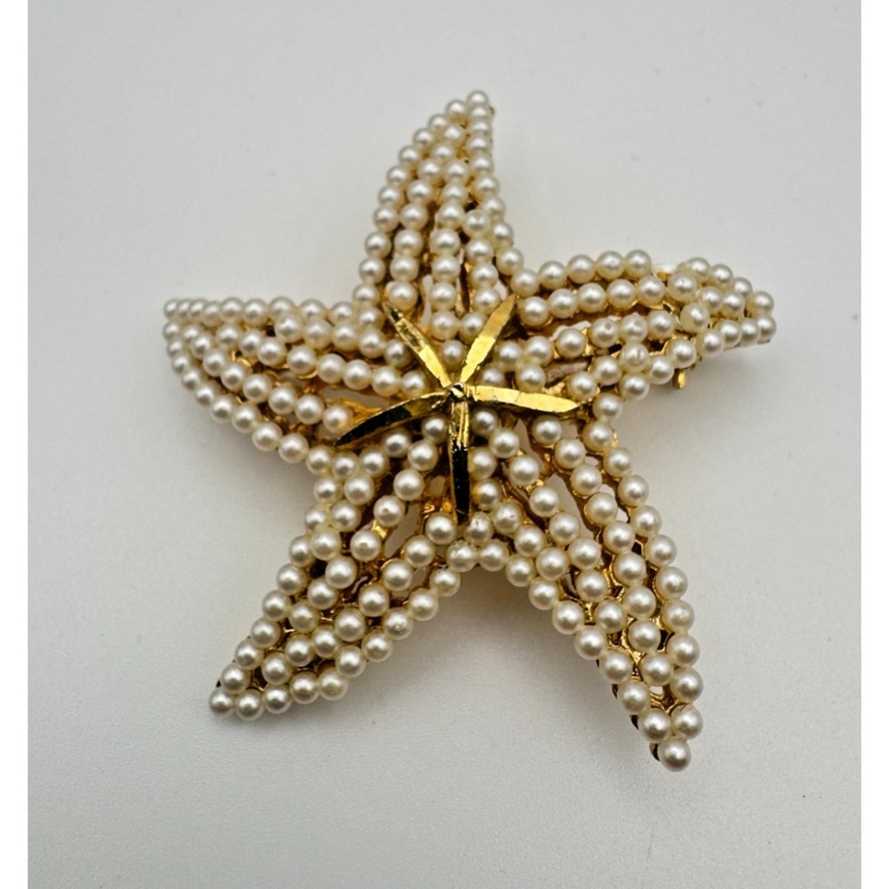 Vintage Starfish Brooch BSK Faux Pearl Gold Tone Coastal Pin READ